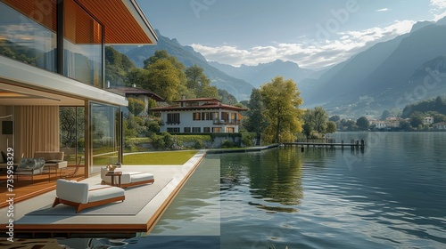 A contemporary villa with boasting expansive full-length windows that frame the picturesque scenery of charming houses and a serene lake. Generative AI.