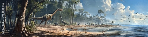 A bustling shoreline during the age of dinosaurs  with colossal sauropods wading through shallow waters  while small  agile theropods 
