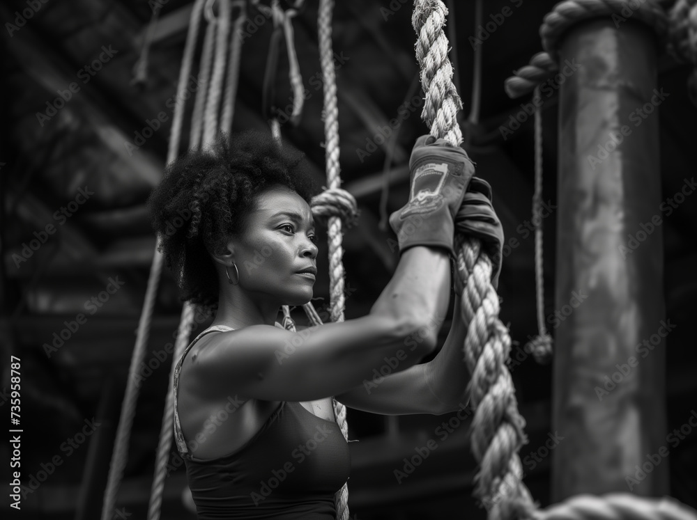 Obraz premium Gloved Intrigue The Enigmatic Stare and Twisted Rope