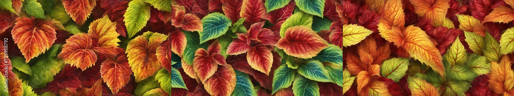 Set of three colorful coleus leaves background.	