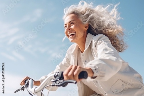 Side view of a cheerful gray-haired wavy older woman riding a bicycle © Ирина Курмаева