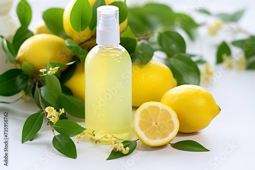Delicious lemon shampoo with lemons on the background. Bottle for advertising text