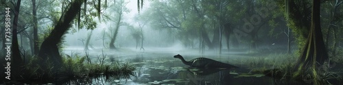 A dense, humid swamp in the dinosaur era, alive with the sounds of croaking amphibians and the rustling of small mammals