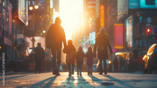 A family, consisting of parents and three children, gracefully holds hands as they stroll along a bustling city