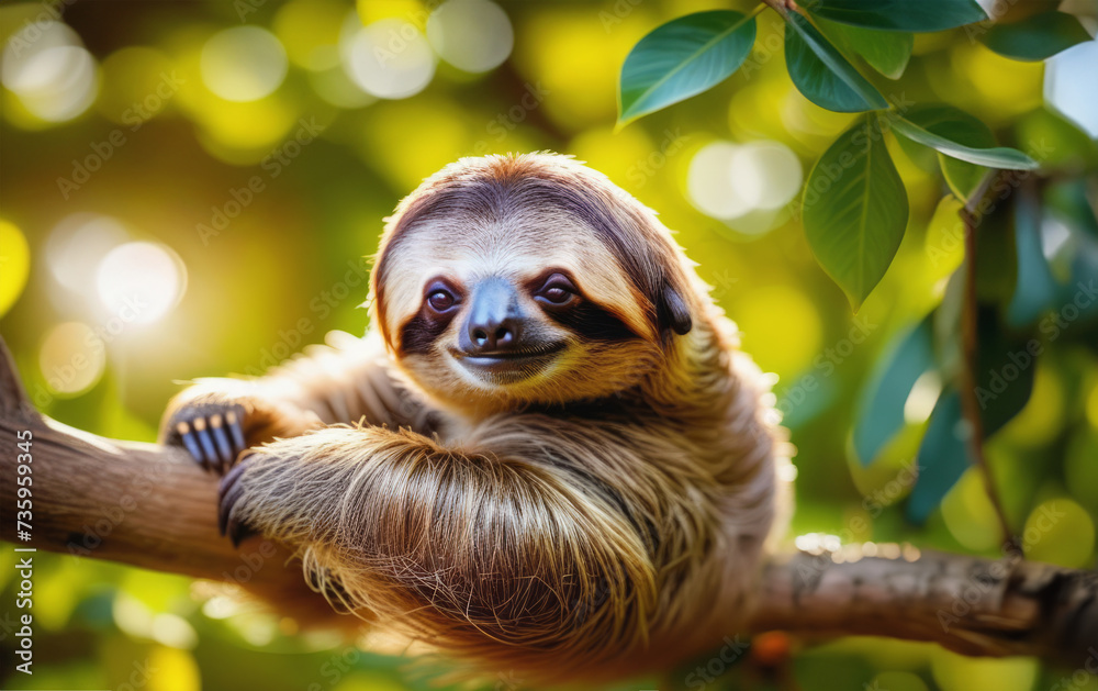Naklejka premium Tired cute sloth laying on a tree.