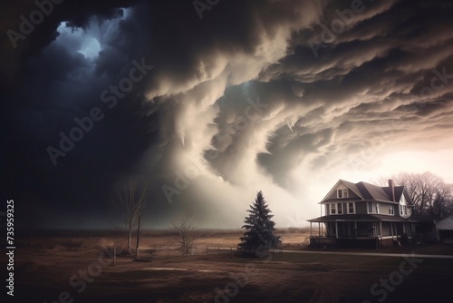 Super Cyclone or Tornado forming destruction over a populated landscape with a home or house on the way. Severe hurricane storm weather clouds