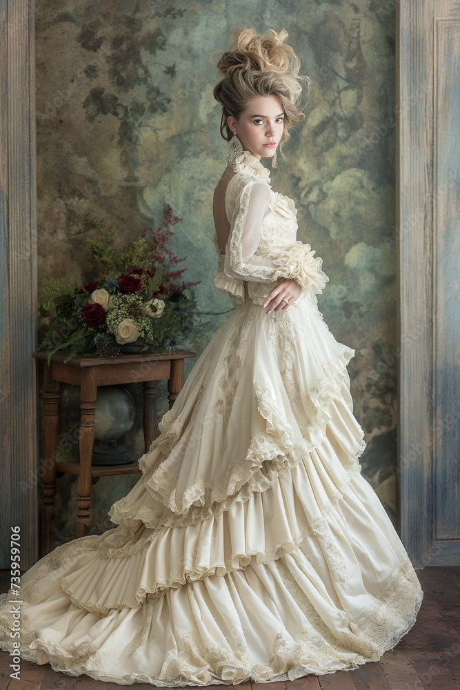Fototapeta premium Bride in wedding dress. Victorian style