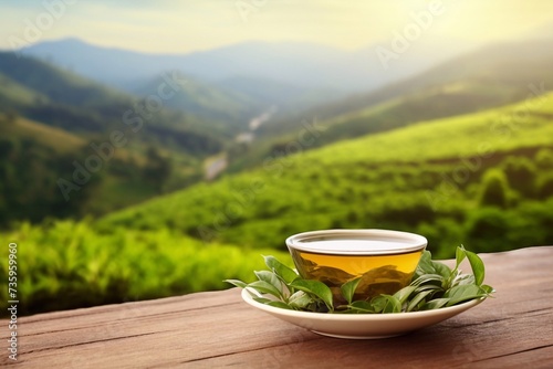 Delicious and beautiful cup of tea with green tea leaves on wooden table and tea plantation background