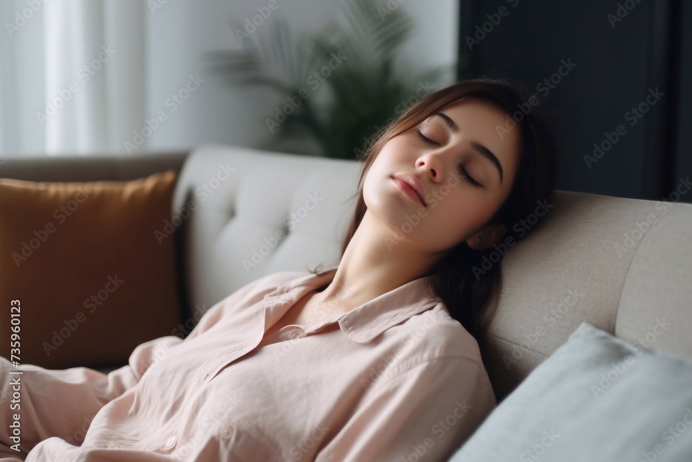 Tired peaceful beautiful woman sleeping on cozy couch in living room, lying on stomach, exhausted young female with closed eyes resting on sofa, taking nap, enjoying lazy weekend at home Tired peaceful beautiful woman sleeping on cozy couch in living room, lying on stomach, exhausted young female with closed eyes resting on sofa, taking nap, enjoying lazy weekend at home