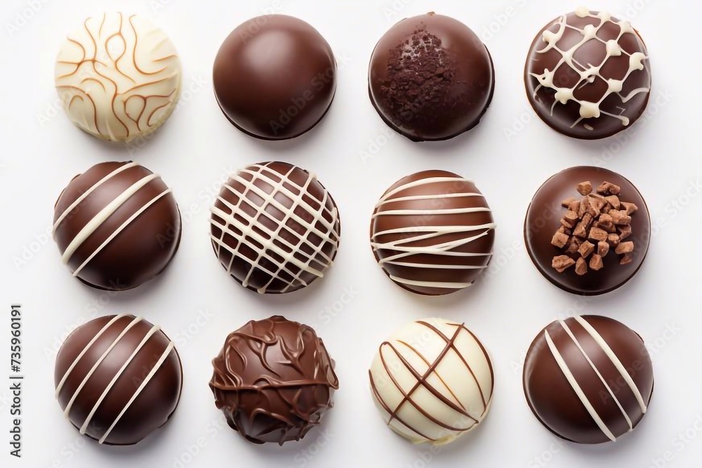 Delicious chocolate, sweets.
top view of various chocolate pralines isolated on white background Delicious chocolate, sweets.
top view of various chocolate pralines isolated on white background