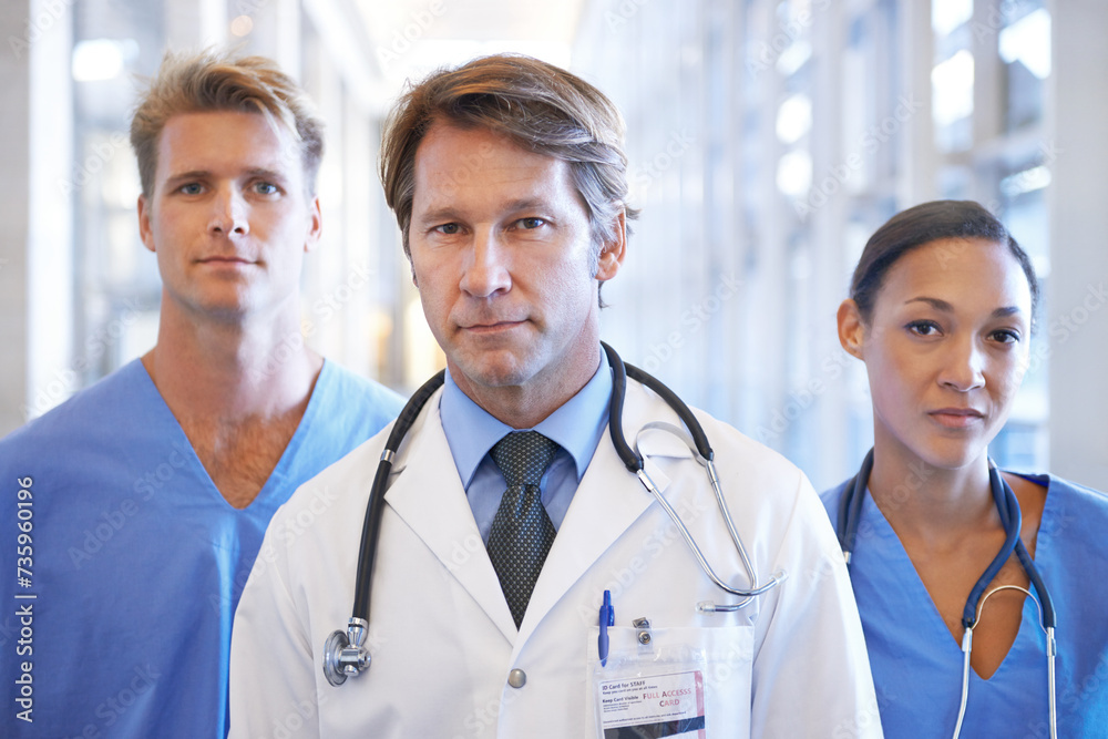 Fototapeta premium Healthcare team, serious and portrait of doctors in hospital for medical service, insurance and support. Professional nurses, clinic and men and women for collaboration, consulting and medicine