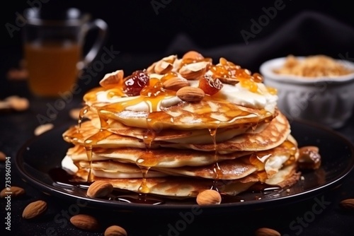 Traditional fried pancakes on a dark background with honey, nuts and sour cream. Maslenitsa