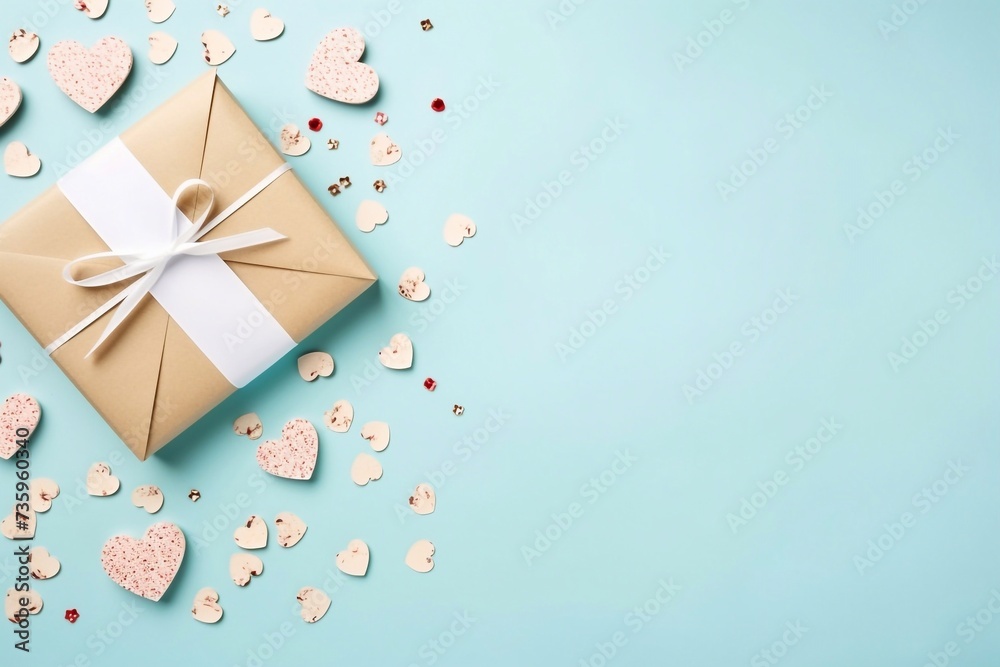 
Valentine's Day background. Gifts, candle, confetti, envelope on pastel blue background. Valentines day concept. Flat lay, top view, copy space