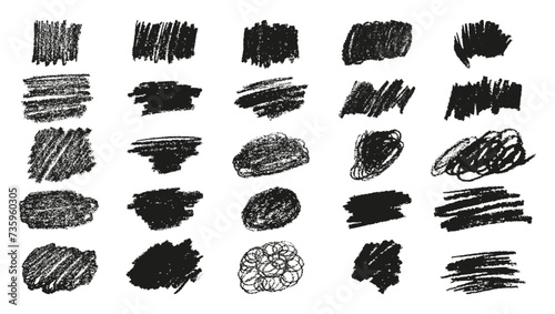 Set black wax crayon spots isolated on white background. Grunge chalk sketch collection. Hand drawn vector pencil stroke lines and doodles. Abstract charcoal children daub. Rough edges.