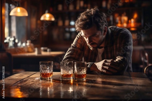 Upset young man drinker alcoholic sitting at bar counter with glass drinking whiskey alone, sad depressed addicted drunk guy having problem suffer from alcohol addiction abuse, alcoholism concept photo