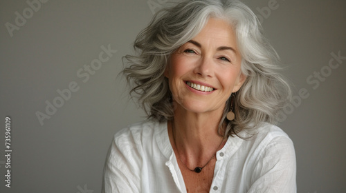 Healthy face skin care beauty, skincare cosmetics & dental Concept. Beautiful gorgeous 50s mid age beautiful elderly senior model woman with grey hair laughing and smiling. old lady close up portrait.