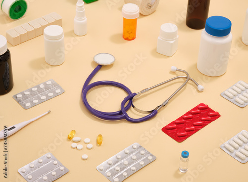 Stethoscope and other pills, antioxidants and tablets. Health care.