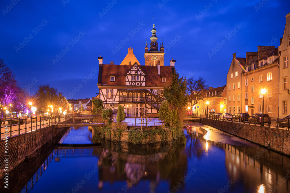 Beautiful architecture of the old town in Gdansk at dusk, Poland