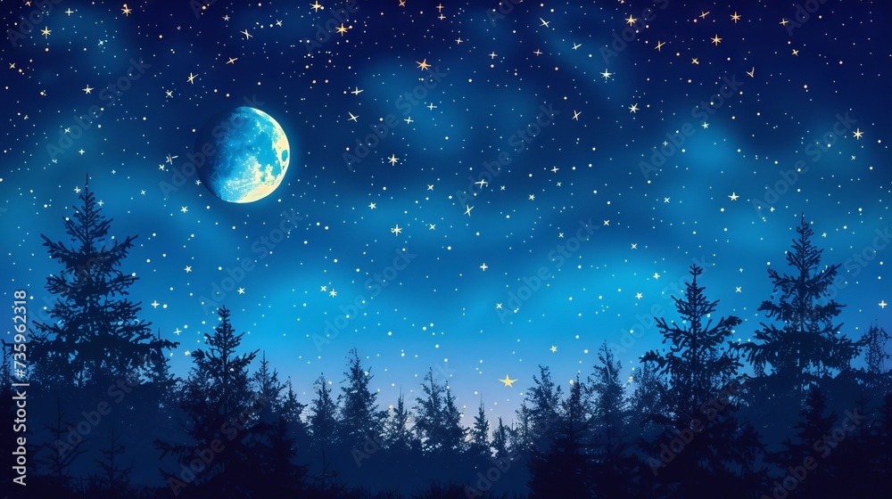 Beautiful night sky with moon and stars over dark landscape