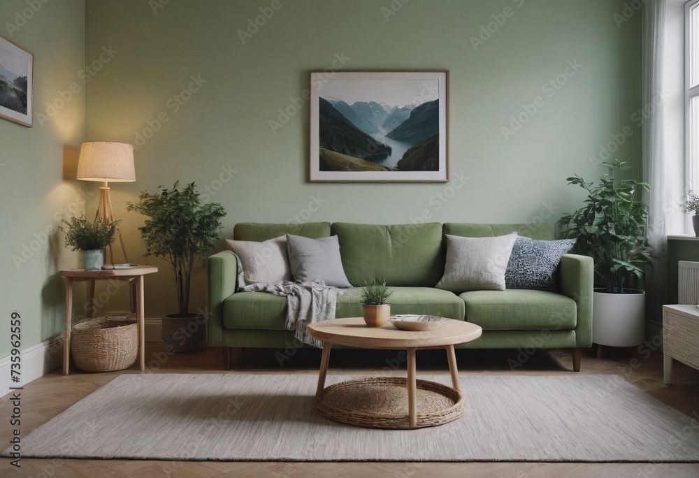 The living room has soft green walls, a comfy green sofa, and modern Scandinavian furniture The living room has soft green walls, a comfy green sofa, and modern Scandinavian furniture