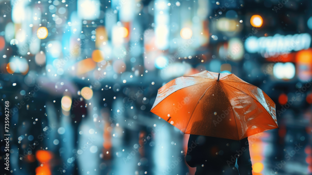 Raindrops, woman with umbrella and blured crowd of people in the city street. Rain in the night city with bokeh lights. Abstract urban background. Raindrops, woman with umbrella and blured crowd of people in the city street. Rain in the night city with bokeh lights. Abstract urban background.