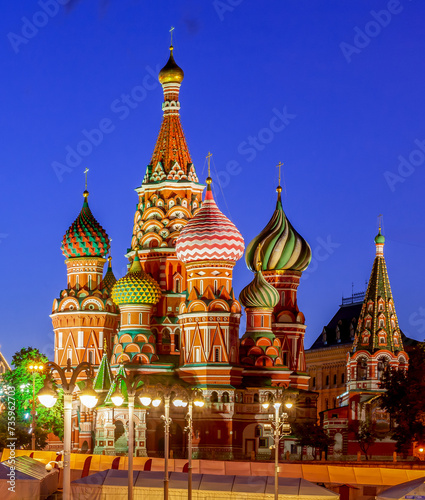 Cathedral of Vasily the Blessed (Saint Basil's Cathedral) on Red Square at night, Moscow, Russia photo