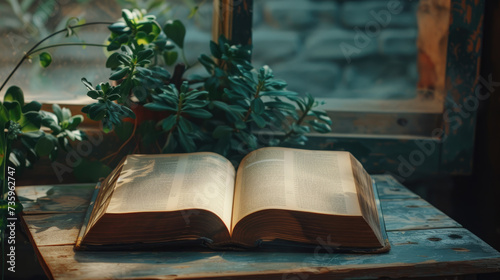 Old open book and plant on a wooden table neart the window. Fabulous atmosphere. Ancient library, antique literature, reading concept. Medieval and mystical vintage background. photo