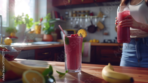 A glass of fruit smoothie on the table in the kitchen. Woman with a carafe of smoothies standing near the table. Healthy food, diet, making detox smoothie concept. © Julia G art