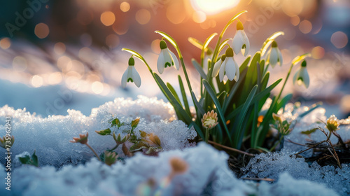 White snowdrop flowers blooming outdoors in snow. Beautiful spring natural bokeh background. Early spring season concept.