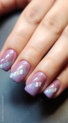 Beautiful and stylish manicure with design. Light lilac with the effect of broken mist and sparkles  Gentle powder  light purple  pink manicure. Vertical photo