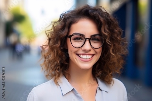 Charming and beautiful woman in glasses with a cheerful smile on the street in summer, spring, autumn