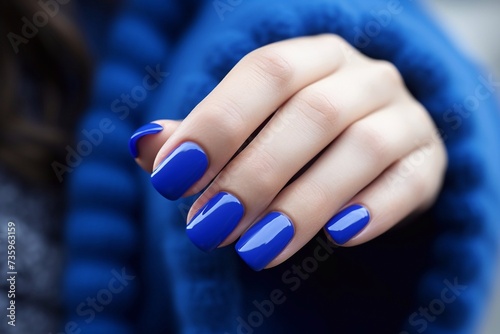 Beautiful glossy blue manicure, vertical photo, horizontal photo