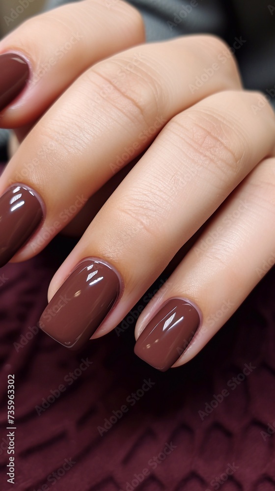 Beautiful, shiny brown, nude, glossy manicure and vertical photo Beautiful, shiny brown, nude, glossy manicure and vertical photo