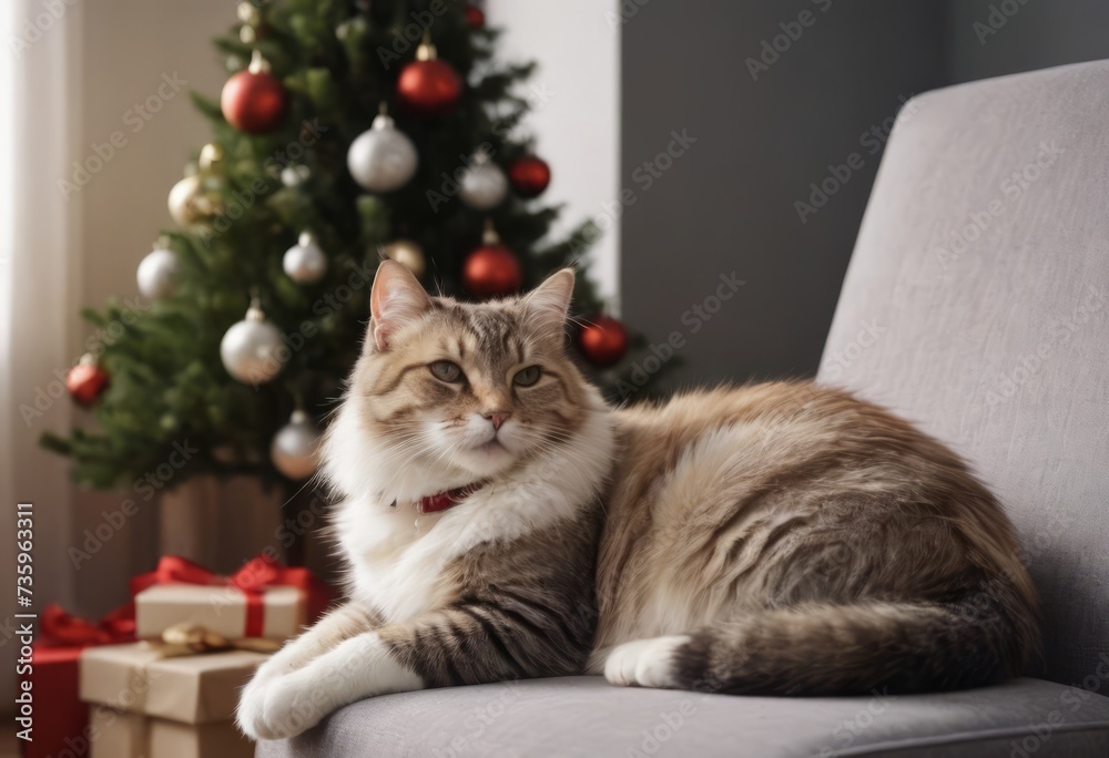 Adorable Cat Enjoying Holiday Season in Cozy Armchair Next to Beautifully Decorated Christmas Tree Adorable Cat Enjoying Holiday Season in Cozy Armchair Next to Beautifully Decorated Christmas Tree