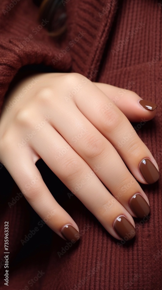 Beautiful, shiny brown, nude, glossy manicure and vertical photo