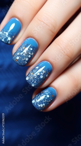  Beautiful and stylish manicure with design. Blue manicure with painted flowers. Lines, ombre, sequins. Vertical photo