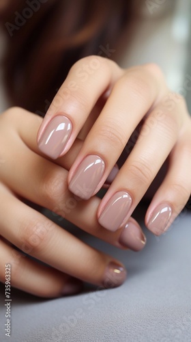 Beautiful glossy manicure in nude color  cappuccino color  light brown vertical photo  