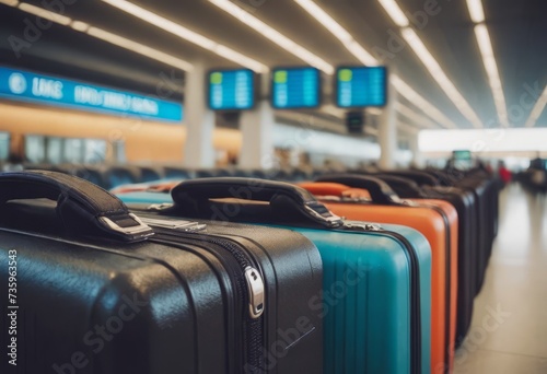 stack of traveling luggage in airport terminal and passenger plane flying over sky