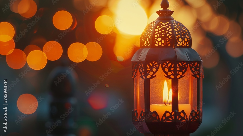 Vintage Ramadan lantern illuminating the night sky with stars and blurred background with copy space