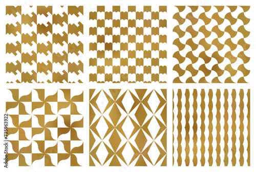 Vector seamless patterns set of different golden abstract geometric ornaments. Modern patterned tiles design. Samples of trending print on textile.