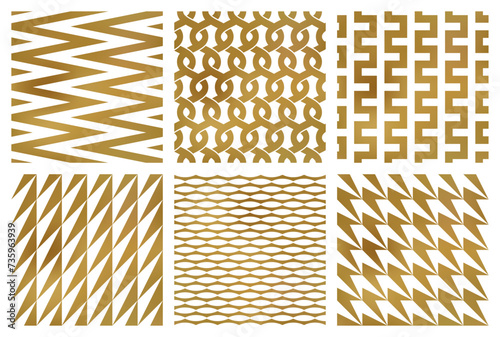 Vector seamless patterns set of different golden simple abstract ornaments. Modern patterned tiles design. Samples of elegant print on textile.