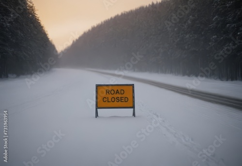 Road Closed sign placed beside a snow covered road on a cold witer day