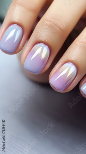Beautiful and stylish manicure with design. Light lilac manicure. Lines  ombre  sequins. Vertical photo