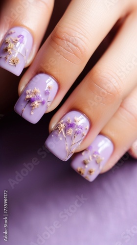 Beautiful light gentle light lilac manicure cream, pastel, nude, basic, with dried flowers on it, vertical photo