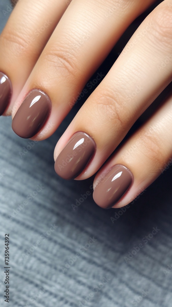 Beautiful, shiny brown, nude, glossy manicure and vertical photo Beautiful, shiny brown, nude, glossy manicure and vertical photo