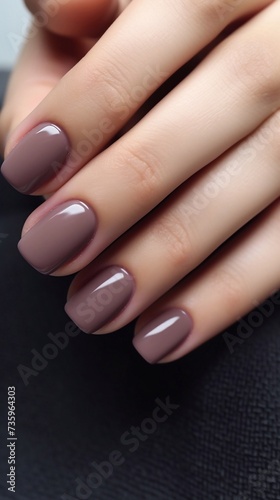 Beautiful  shiny brown  nude  glossy manicure and vertical photo