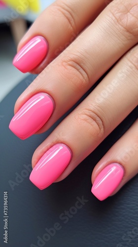 Beautiful glossy bright pink manicure, vertical photo, horizontal photo