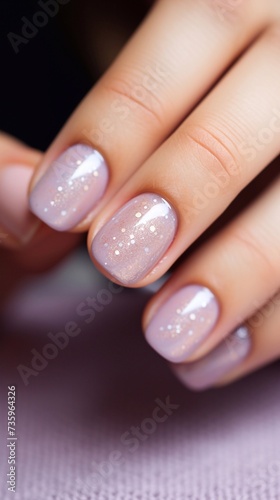 Beautiful light delicate manicure pink  nude  basic  with sparkles  vertical photo