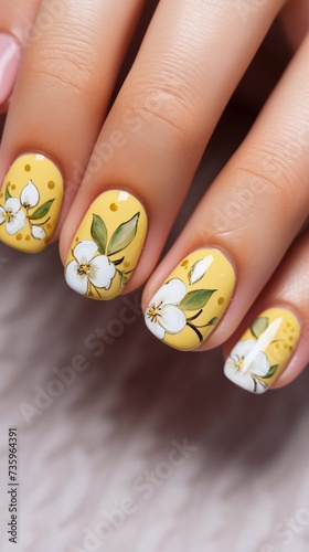 Beautiful yellow, delicate manicure with design, white flowers, decorative designs on fingers, lines, foil, vertical photo