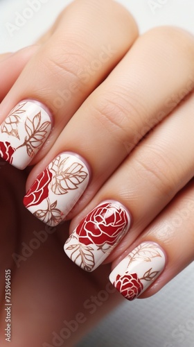 White manicure with a pattern of red roses and petals on it. Manicure with design, vertical photo.